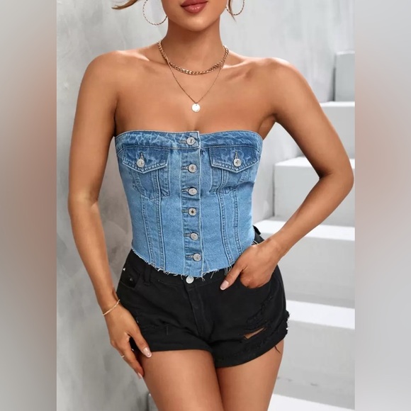 SHEIN Tops - Vintage-Inspired Strapless Denim Corset Top - Size L - SHEIN